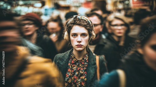 A woman stands still amidst a blurred, moving crowd, her headphones on a shield against the chaos. Her expression, a transparent mix of anxiety and apprehension.