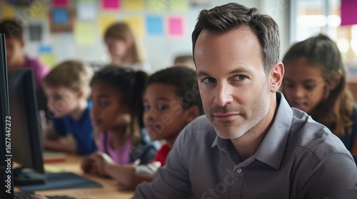 Man sitting front classroom of children. Teacher teaches diverse class of students in digital video. Students in a classroom using collaborative technology. A man in front of a lifestyle group of.