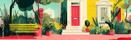 Charming Street Scene With Yellow House, Red Door, Bench, And Lush Greenery
