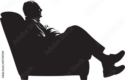 Elderly man sitting comfortably on a couch, watching TV, shown in a full-length silhouette.