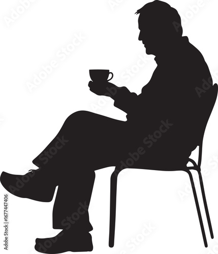 Sipping Tea or Coffee Silhouette A senior man holding a cup of tea or coffee, sitting or standing. full length silhouette black vector illustration
