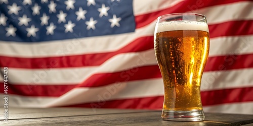 Cold beer in a tall glass with american flag background