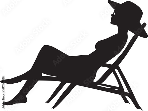 Lying on a Beach Chair Silhouette A woman reclining, sunhat on. full length silhouette black vector illustration