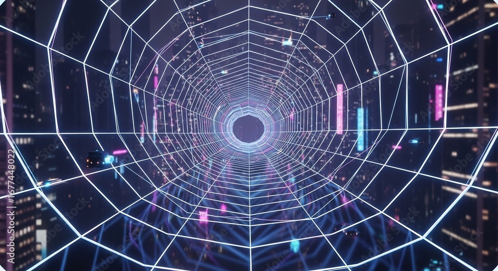 Fototapeta premium Futuristic City Spiderweb Tunnel at Night
