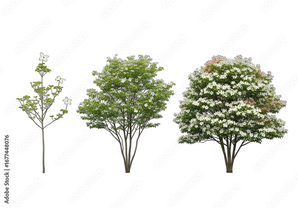 Obraz premium Set of Isolated Dogwood Trees with Flowers on Transparent Backgrounds at Various Stages