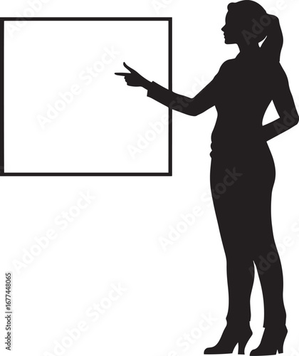Giving a Presentation Silhouette A woman pointing at a board, arm extended. full length silhouette black vector illustration