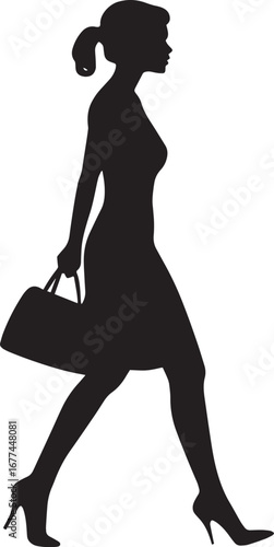 A woman carrying a purse, taking graceful steps, depicted in a full-length black silhouette.
