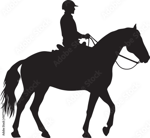 A man atop a horse, holding the reins firmly, captured in a full-length silhouette.