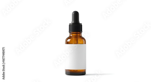 Amber glass dropper bottle with white label, isolated on white background for product display