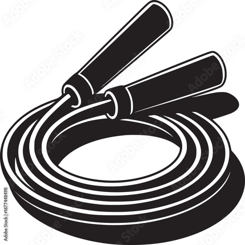 A black and white graphic illustration of a coiled jump rope with handles on a white background