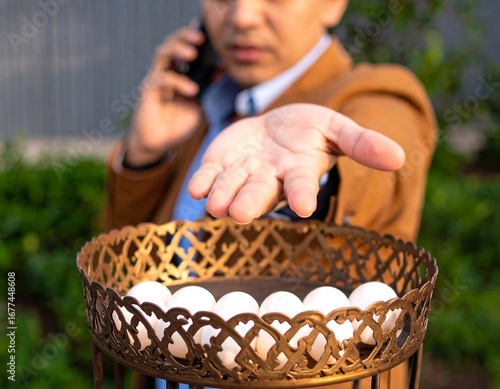 Businessman offering eggs outdoors