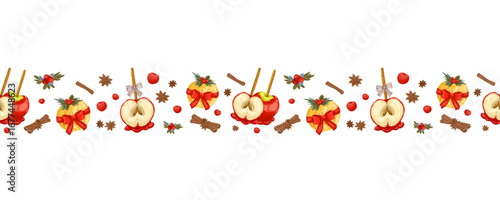Horizontal border with hand-drawn caramel apples, cinnamon sticks, and berries. Vector holiday illustration, perfect for Christmas greeting cards, banners, and web designs