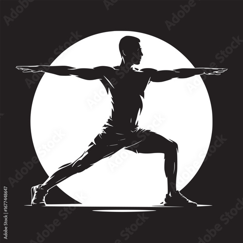 Silhouette of a man in warrior pose against a white circle on a black background illustration