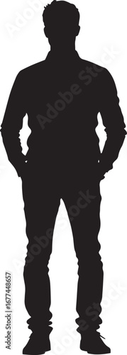 Silhouette of a Man Standing Casually Full-length black vector illustration of a relaxed figure with hands in pockets.