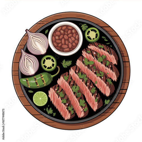 Carne Asada Platter with Beans and Grilled Vegetable Illustration