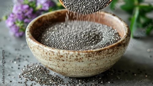 Chia seeds in rustic ceramic bowl with flowers