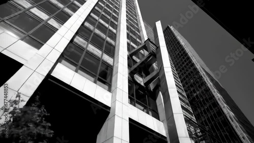 A monochromatic cityscape photograph presents two tall structures with multiple windows reaching up. A blurry shape overlaps the building's front