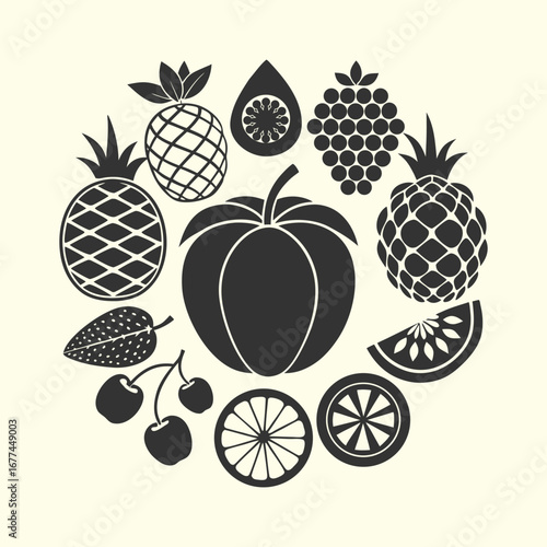 Wallpaper Mural Circular Arrangement of Fruits and Vegetables Silhouettes – Vector Set of Various Produce in Round Composition for Food, Nutrition, and Culinary Designs Torontodigital.ca