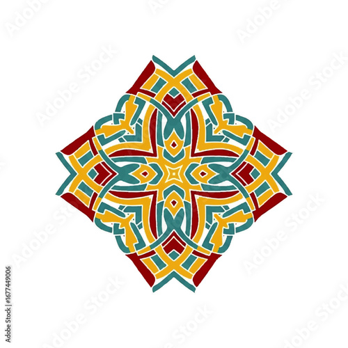 Abstract Geometric Design with Interlocking Teal, Red, and Yellow Elements