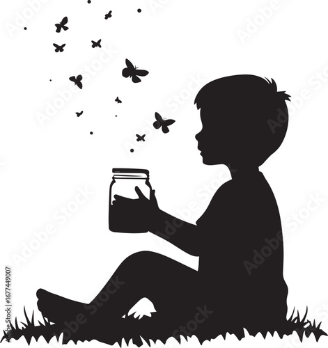 A black vector image of a child extending their hands toward fireflies while holding a jar.
