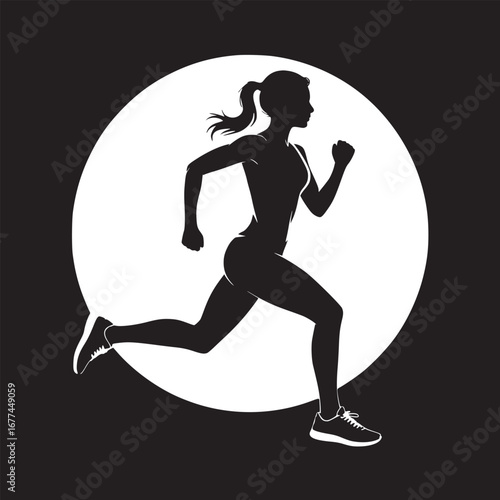Silhouette of a woman running in front of a white circle against a black background illustration