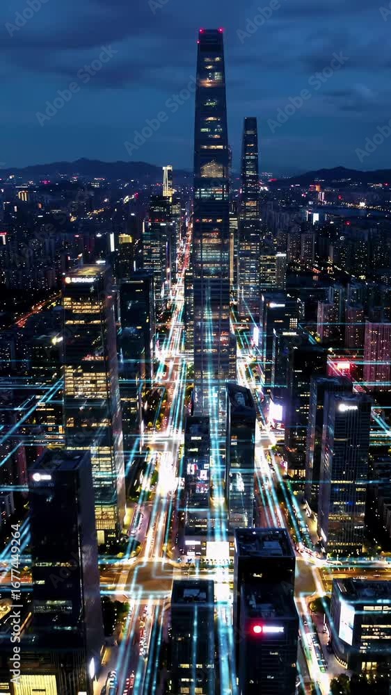 custom made wallpaper toronto digitalA breathtaking hyperlapse aerial video of a vast futuristic metropolis at deep night. Towering glass and steel skyscrapers pulsate with glowing lights resembling a living motherboard. Relentless