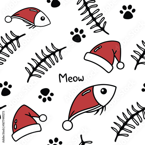 Whimsical seamless pattern with red Santa hats fish bones paw prints and meow text cat pattern Christmas pattern