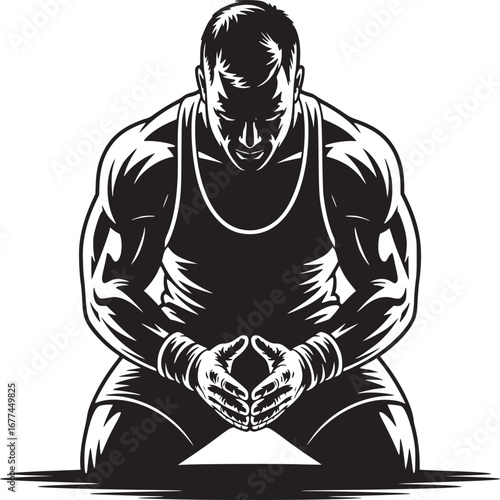 Monochrome illustration of a muscular man kneeling with hands clasped in a contemplative pose on white