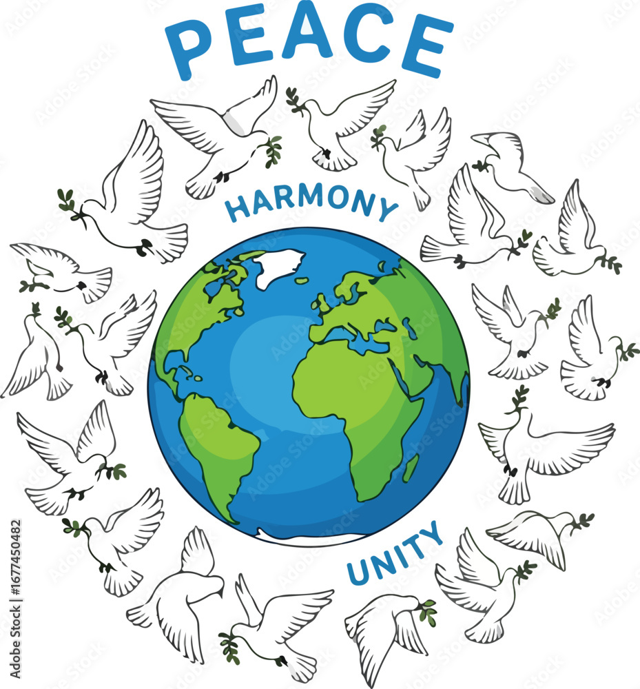 Naklejka premium Illustration of the Earth surrounded by white doves holding olive branches, promoting peace, harmony, and unity.