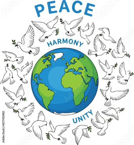 Illustration of the Earth surrounded by white doves holding olive branches, promoting peace, harmony, and unity.