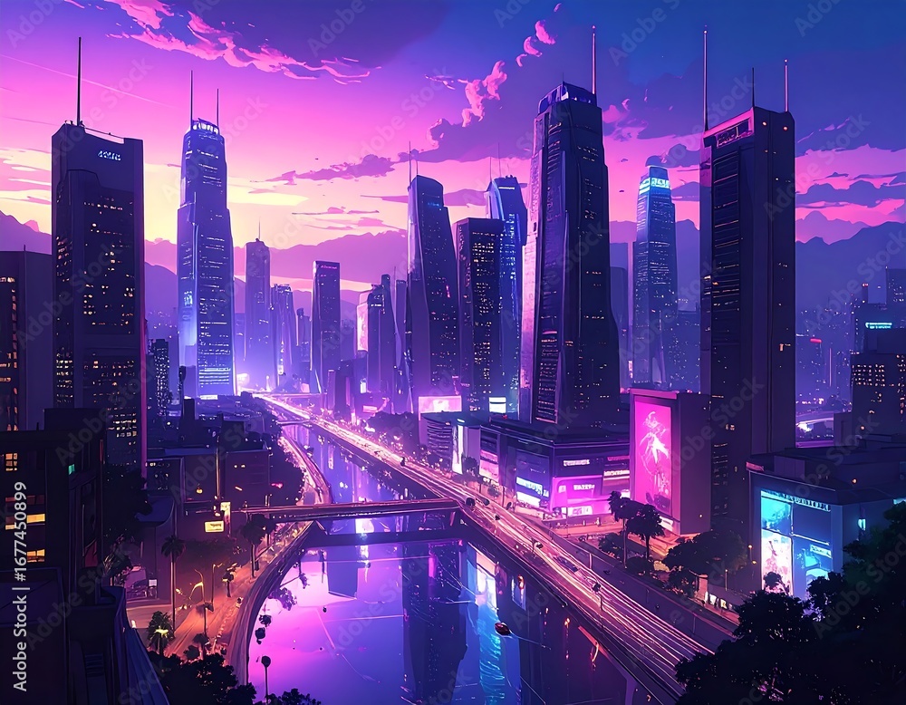 Obraz premium Futuristic city at sunset (1)