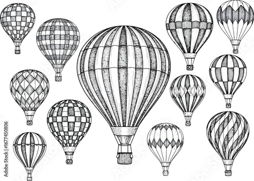 Collection of vintage hot air balloons in various sizes and patterns drawn in a detailed black and white sketch style