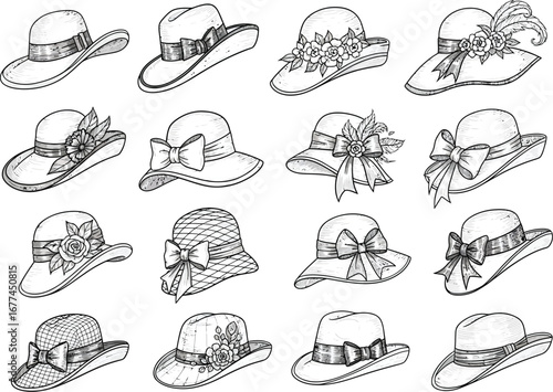 Collection of vintage and retro style ladies hats with decorative ribbons and flowers sketched in black and white