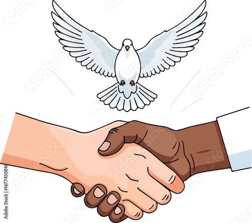Illustration of a handshake between two hands of different skin tones, with a dove flying above.