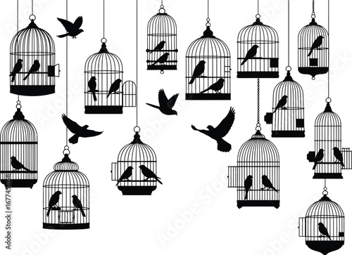 A collection of ornate birdcages with silhouettes of birds flying freely and perched inside