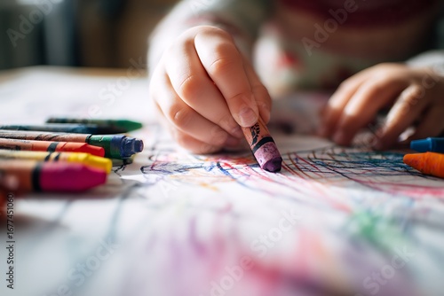 A child's hand, delicately holding a crayon, meticulously colors a whimsical drawing on a sheet of paper.