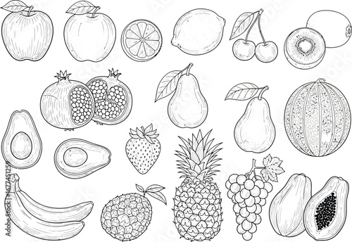 A detailed black and white line drawing illustration of a diverse assortment of fresh fruits and berries arranged in a pleasing composition