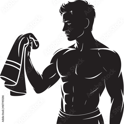 Silhouette of a muscular man holding a towel in his hand after a workout on a white background