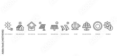 solar home banner concept with icon of sun energy, solar house, eco house, solar energy, solar cell, solar panel, pump, solar power, power, and energy










