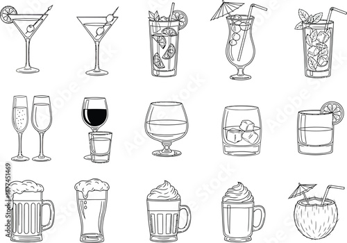 Collection of hand drawn sketchy cocktails and drinks in various glassware styles for beverage design