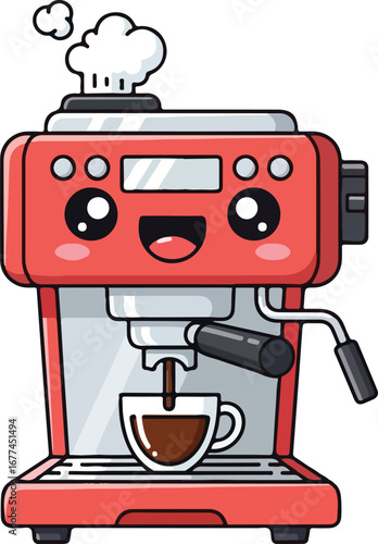 Cute cartoon espresso machine dispensing coffee, with happy expression.