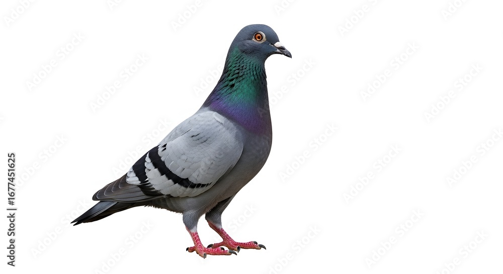 Obraz premium A solitary pigeon stands alert with iridescent neck feathers against a stark white background