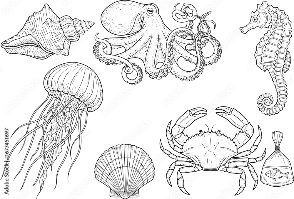 Obraz premium Detailed hand drawn black and white sketch of various marine creatures including octopus jellyfish crab seahorse and shells
