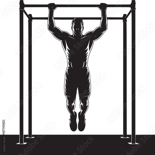 Silhouette of a muscular man doing a pull up on a black metal bar against a white background image