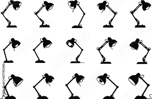 Collection of silhouette desk lamps in various poses and angles illustrating different lighting possibilities