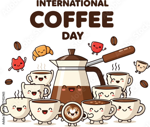 Cheerful coffee cups celebrate International Coffee Day with a coffee pot and pastries.