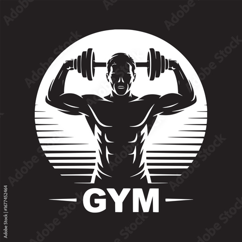 A black and white illustration of a muscular man lifting dumbbells with gym text below him design