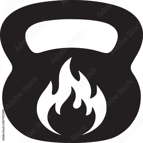 A black kettlebell with a white flame design on a white background in a minimalist style image