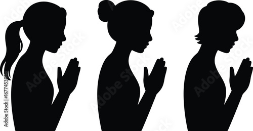 Silhouette Collection Depicting Women in Prayerful Postures Standing Serenely Together Creating a Peaceful and Harmonious Scene Portraying Unity and Spirituality