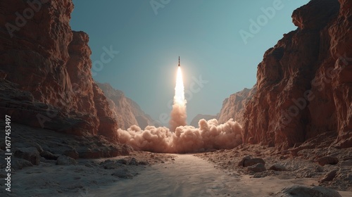 Rocket Launch in Desert Canyon with Bright Flame and Smoke Trail